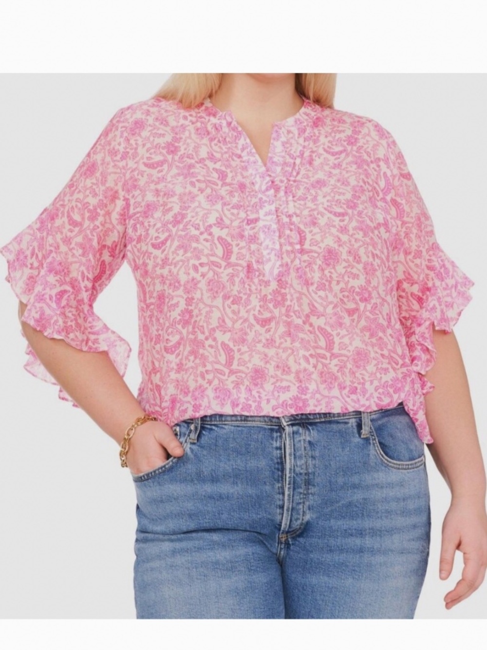 Vince Camuto Women's Pink Pintuck Flutter 3/4-Sleeve Henley Blouse Plus Size 2X